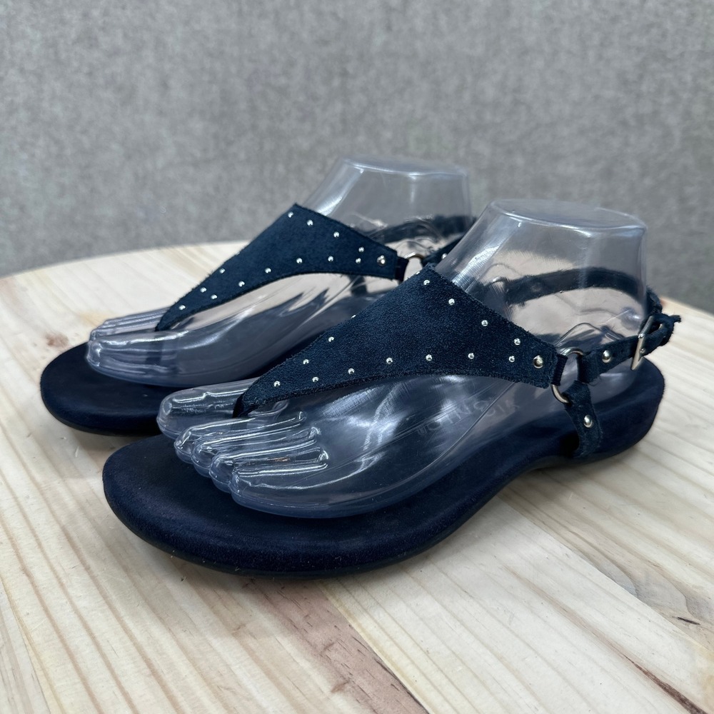 Vionic Margot Studded Suede Flat Sandals 6.5 Navy Blue Slingback Thong